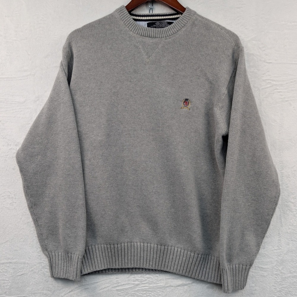 VTG Tommy Hilfiger Sweater Men's M Gray Embroidered Crest Shaker Knit Preppy Y2K